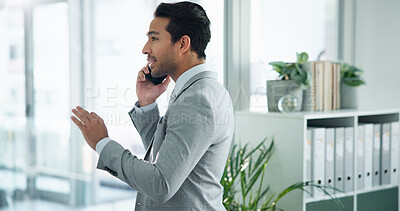 Buy stock photo Office, man and conversation with phone call, business proposal and investment banking firm. Male person, speaking and mobile tech in communication for financial review, audit and career opportunity