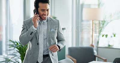 Buy stock photo Office, happy man and talking with phone call, business proposal and investment banking firm. Male person, speaking and mobile tech in communication for financial review, audit and career opportunity