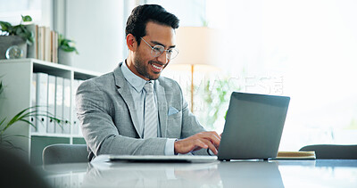 Buy stock photo Typing, laptop and smile with business man in office for online, research or corporate governance specialist. Stakeholder email, crm manager and news with person in firm for report and compliance