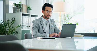 Buy stock photo Typing, laptop and research with business man in office for online, reading or corporate governance specialist. Stakeholder email, crm manager and news with person in firm for report and compliance