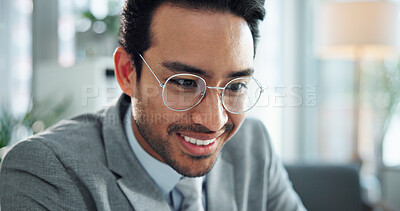 Buy stock photo Thinking, business man and smile in office with startup inspiration, career vision and perspective on project. Planning, professional person and reflection in creative agency with insight and ideas