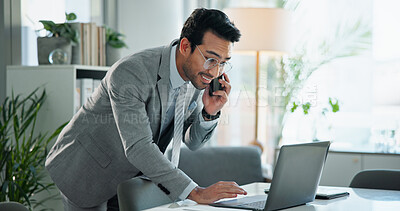 Buy stock photo Office, happy man and laptop with phone call, business or negotiation for investment banking. Male person, speaking and mobile tech in communication for financial review, audit and career opportunity