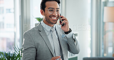 Buy stock photo Businessman, phone call and financial advisor in office for deal, talking and online for offer. Male person, communication and contact for investment planning, networking and negotiation progress