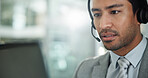 Customer service, call center and business man in office for talking, online consulting and contact. Corporate, computer and person with headset for communication, CRM support and telemarketing