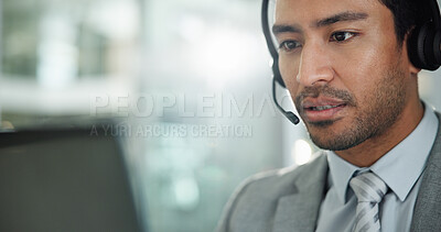 Buy stock photo Customer service, call center and business man in office for talking, online consulting and contact. Corporate, computer and person with headset for communication, CRM support and telemarketing