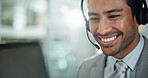 Customer service, call center and happy businessman in office for talking, online consulting and contact. Corporate, computer and person with headset for communication, CRM support and telemarketing