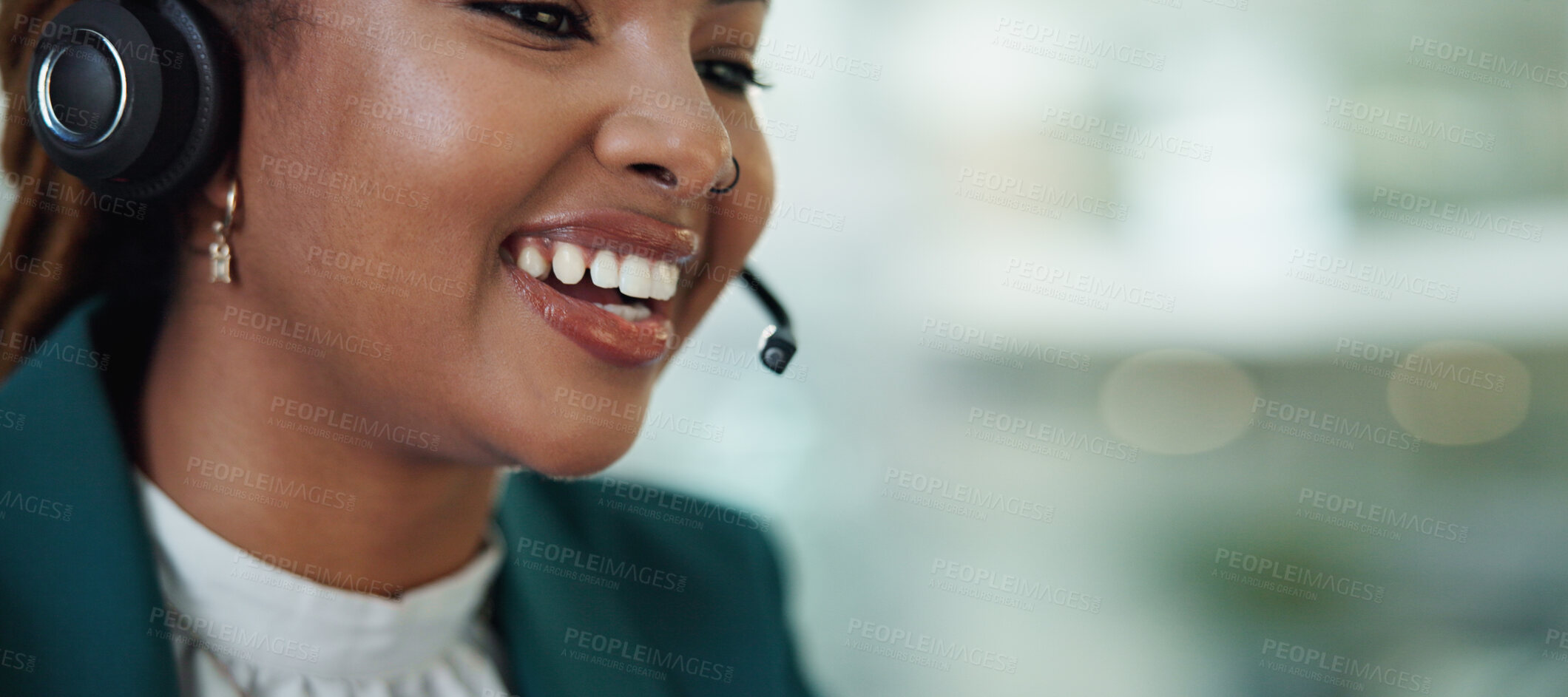 Buy stock photo Customer support, call center and business woman in office for talking, online consulting and contact. Corporate, banner and person with headset for communication, CRM service and telemarketing