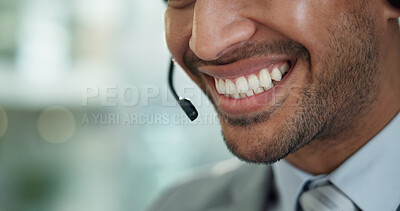 Buy stock photo Person, call center and mouth with microphone, headset and customer service with smile in modern office. Man, consultant or agent with contact us, happy and voip connection for support at help desk