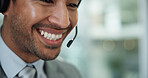 Customer service, call center and businessman smile in office for talking, online consulting and contact. Corporate, computer and person with headset for communication, CRM support and telemarketing