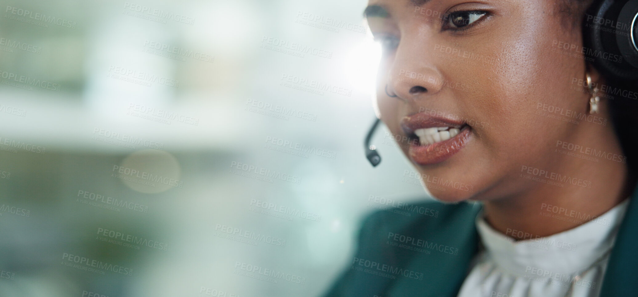 Buy stock photo Woman, call center and talk with headset, microphone or customer service with mockup space in office. Person, consultant or agent with contact us, solution or voip connection for support at help desk