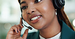 Woman, call center and happy with headset, microphone and listen for customer service in office. African person, consultant or agent with contact, smile and voip connection for support at help desk