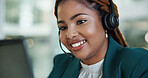 African woman, call center and happy with headset, microphone and listen for customer service in office. Person, consultant or agent with contact, smile and voip connection for support at help desk