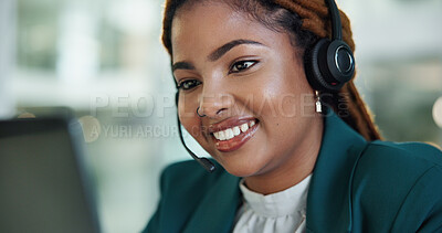 Buy stock photo African woman, call center and happy with headset, microphone and listen for customer service in office. Person, consultant or agent with contact, smile and voip connection for support at help desk