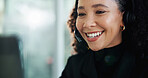 Customer support, call center and business woman with headset for talking, online consulting and contact. Corporate office, computer and happy worker for communication, CRM service and telemarketing