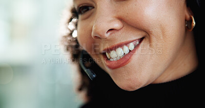 Buy stock photo Customer service, call center and smile of business woman for talking, online consulting and contact. Corporate, office and happy person with headset for communication, CRM support and telemarketing