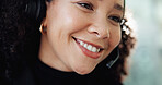 Woman, call center and thinking with headset, happy and listen for customer service in office. Person, consultant or agent with problem solving, microphone or voip connection for support at help desk