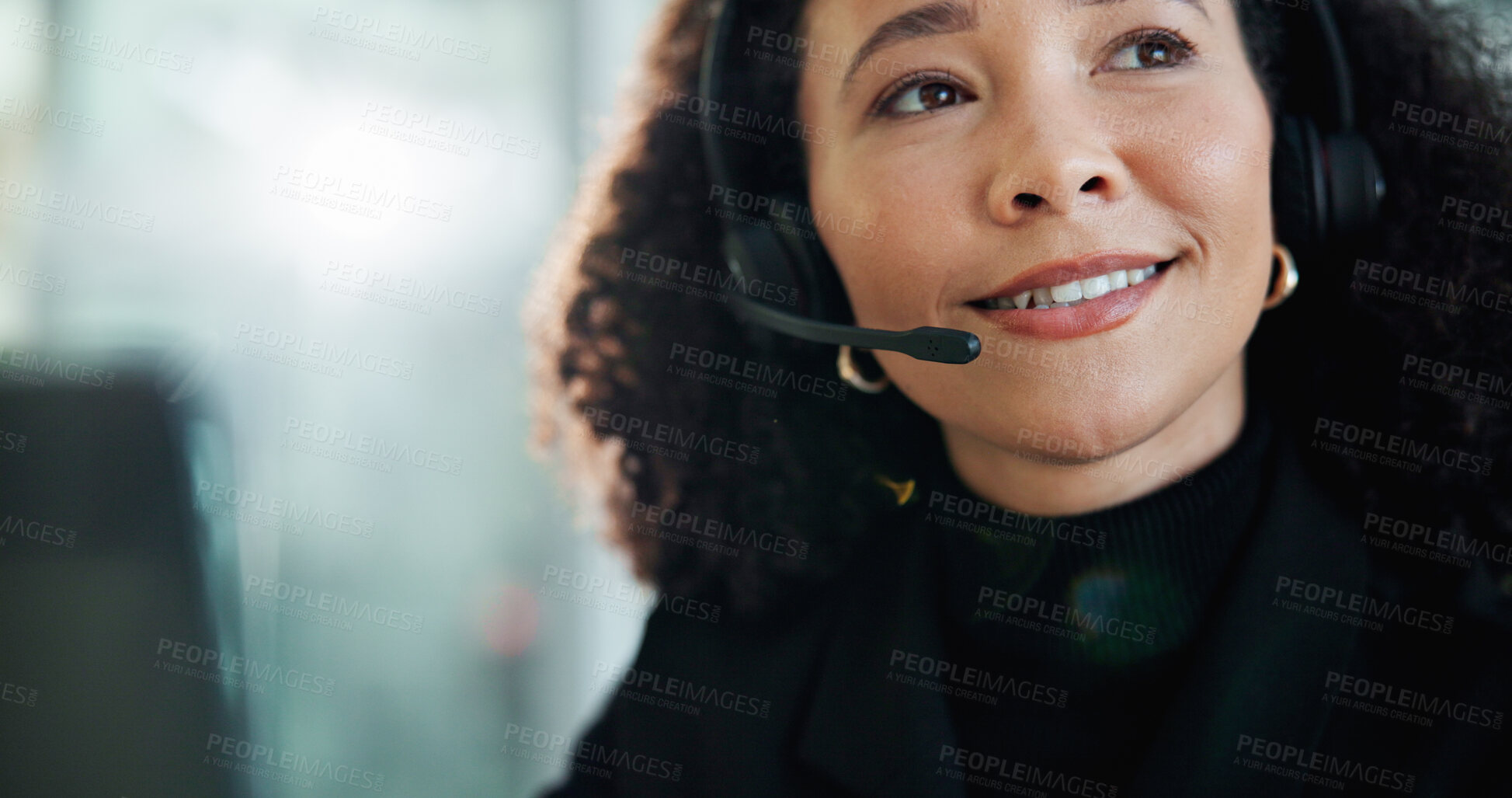 Buy stock photo Woman, call center and thinking with headset, smile and listen for customer service in office. Person, consultant or agent with problem solving, microphone or voip connection for support at help desk