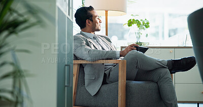 Buy stock photo Thinking, tablet and business man in office for problem solving, inspiration or insight. Digital technology, reflection and planning idea for financial vision, revenue growth and investment decision