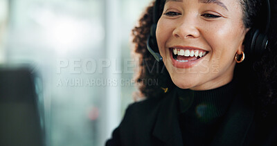 Buy stock photo Woman, call center and laughing with headset, happy and listen for customer service in office. Person, consultant or agent with problem solving, microphone or voip connection for support at help desk
