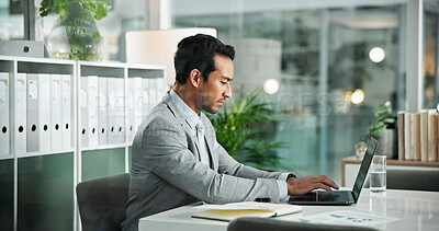 Buy stock photo Man, typing and laptop for accounting in office, review financial statement and online for plan. Male person, employee and check information for money portfolio, writing email and investing revenue