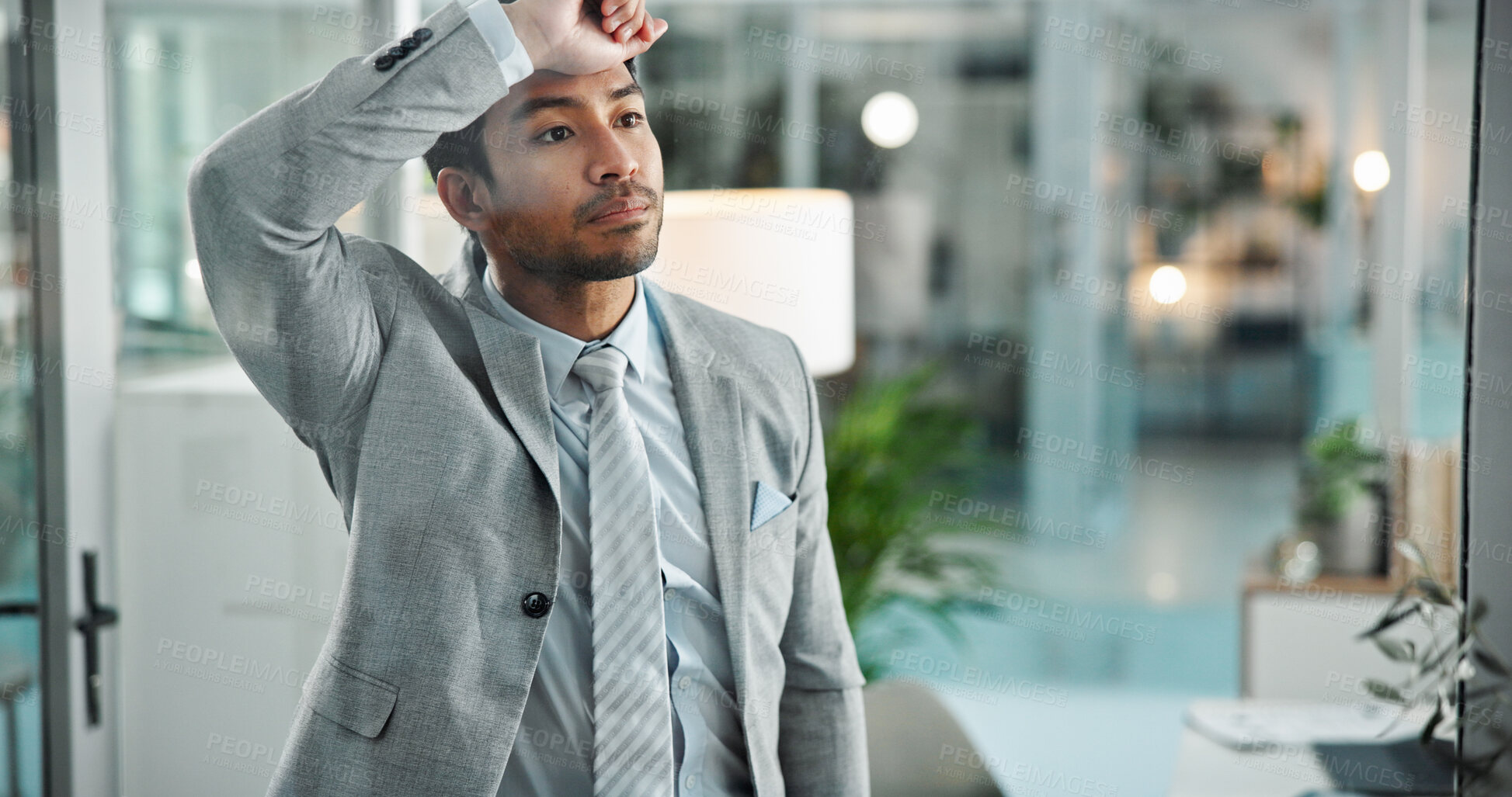 Buy stock photo Man, lawyer and frustrated with thinking at office with stress, fail and regret for lost court case by window. Person, advocate or attorney for reflection, anxiety and mistake for justice at law firm