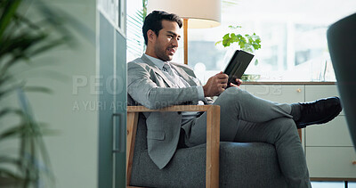 Buy stock photo Office, tablet and business man reading email for investment equity, profit or check stock price. Digital technology, corporate work and research for financial update, revenue growth or online report