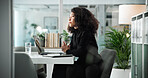 Accounting, idea and laptop with business woman at desk in office for planning or problem solving. Computer, thinking and vision with professional employee in workplace for bookkeeping or finance