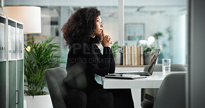 Buy stock photo Accounting, laptop and thinking with business woman at desk in office for planning or problem solving. Computer, idea and vision with professional employee in workplace for bookkeeping or finance