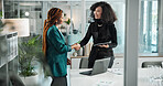 Women, tech and handshake in office for welcome, meeting and thank you in interview. People, smile and shaking hands in accounting firm for onboarding, promotion and hiring opportunity or agreement