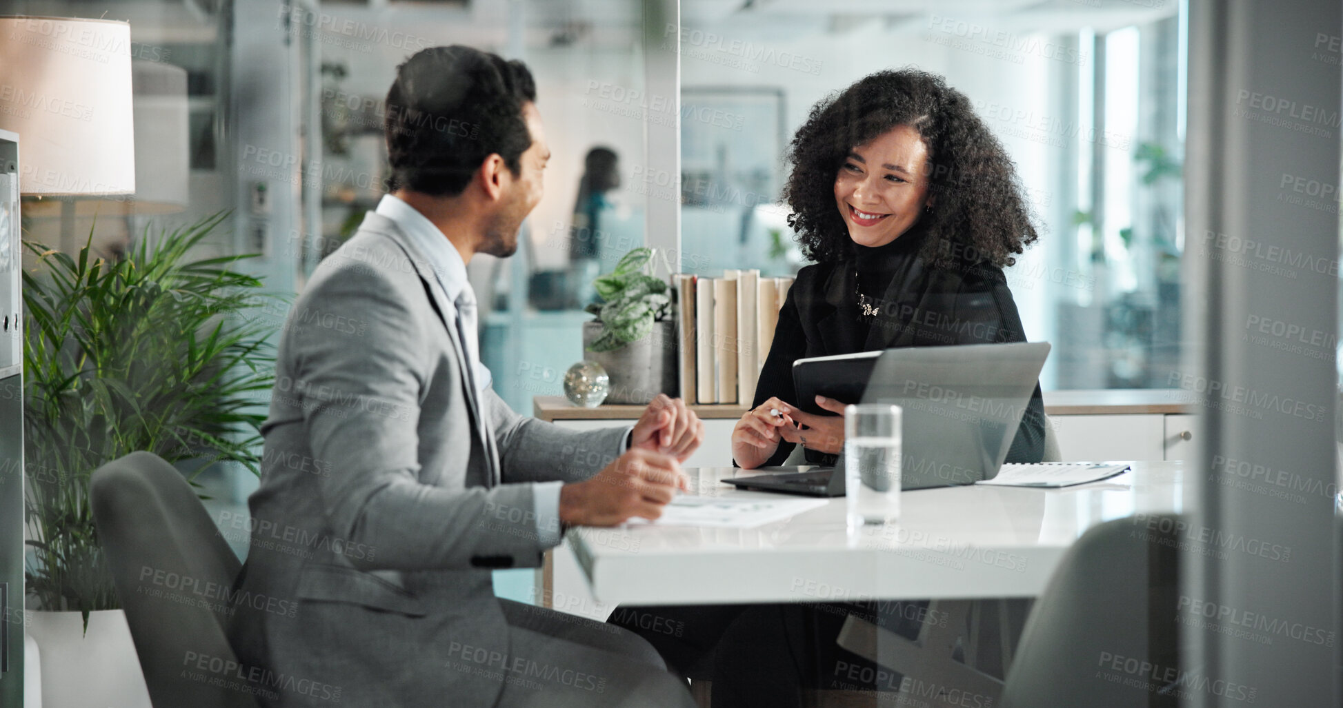 Buy stock photo Corporate, people and meeting with tablet in boardroom for financial training, digital agenda and company growth. Smile, woman and mentor with laptop, planning budget and feedback update for proposal