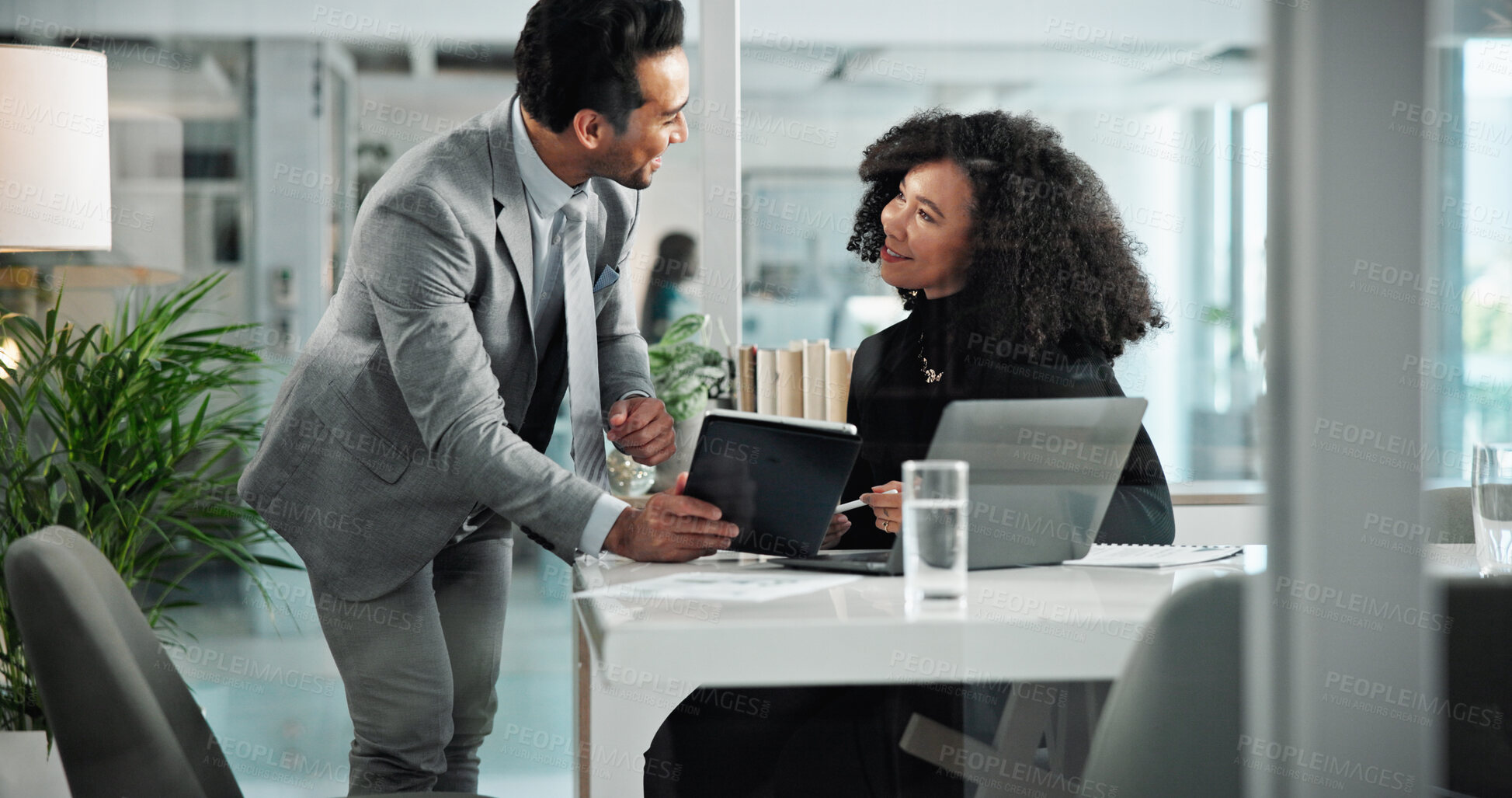 Buy stock photo Business, people and meeting with tablet in boardroom for financial training, digital agenda and corporate growth. Smile, woman and mentor with laptop, planning budget and feedback update for project