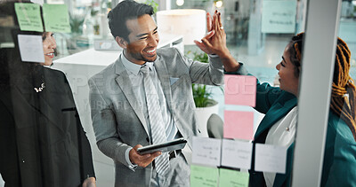 Buy stock photo Success, high five and scrum with business people in office for meeting, support and project management. Celebration, sticky note and brainstorming with employees for goals, decision and solution