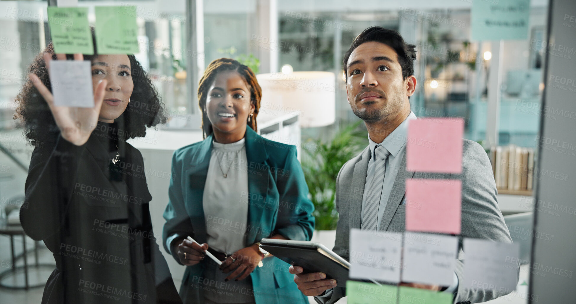 Buy stock photo Moodboard, teamwork and scrum with business people in office for meeting, schedule and project management. Calendar, sticky note and brainstorming with employees for idea, decision and solution