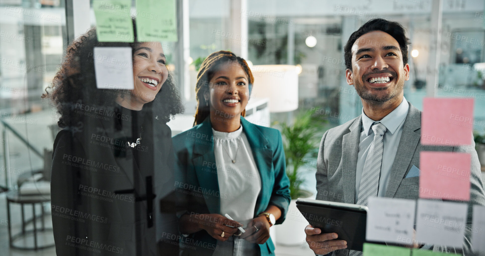 Buy stock photo Happy, teamwork and scrum with business people in office for meeting, schedule and project management. Calendar, sticky note and brainstorming with employees for idea, decision and solution.