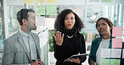 Buy stock photo Teamwork, planning and business people on tablet in office for schedule, brainstorming and problem solving. Sticky notes, corporate and workers on digital tech for website, research and collaboration