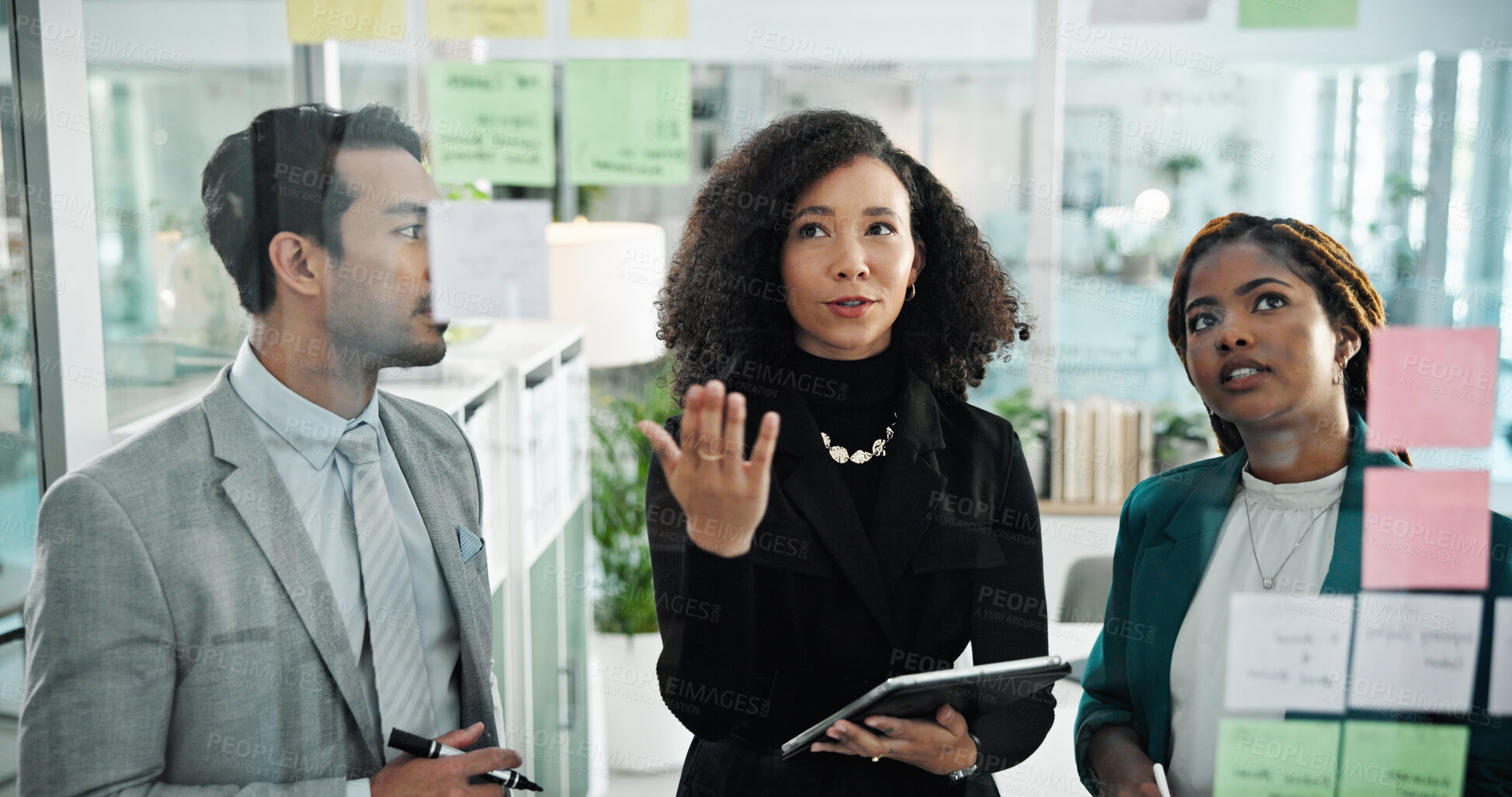 Buy stock photo Teamwork, planning and business people on tablet in office for schedule, brainstorming and problem solving. Sticky notes, corporate and workers on digital tech for website, research and collaboration