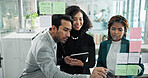 Teamwork, writing and business people on tablet in office for schedule, brainstorming and writing ideas. Sticky notes, corporate and workers on digital tech for planning, research and collaboration