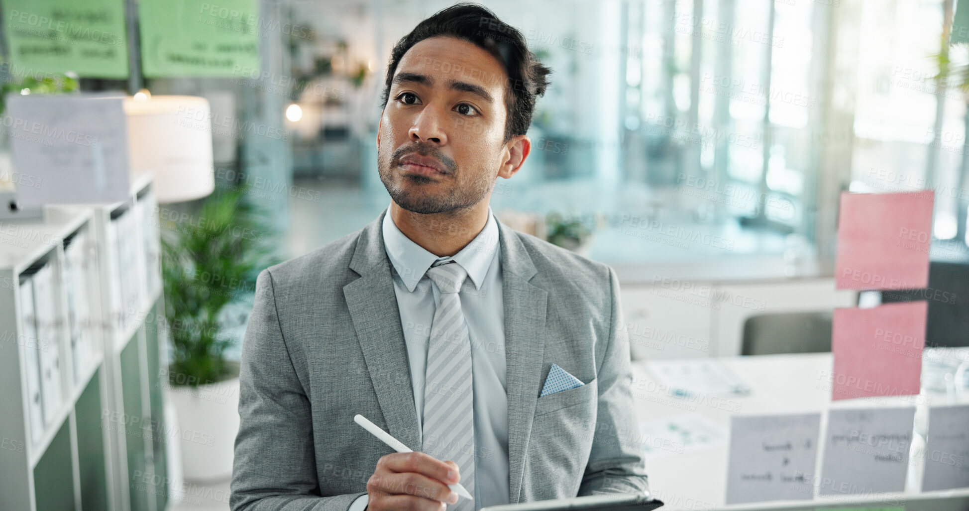 Buy stock photo Thinking, planning and businessman on tablet in office for schedule, brainstorming and problem solving on glass. Professional, corporate and man on digital tech for website, research and sticky notes