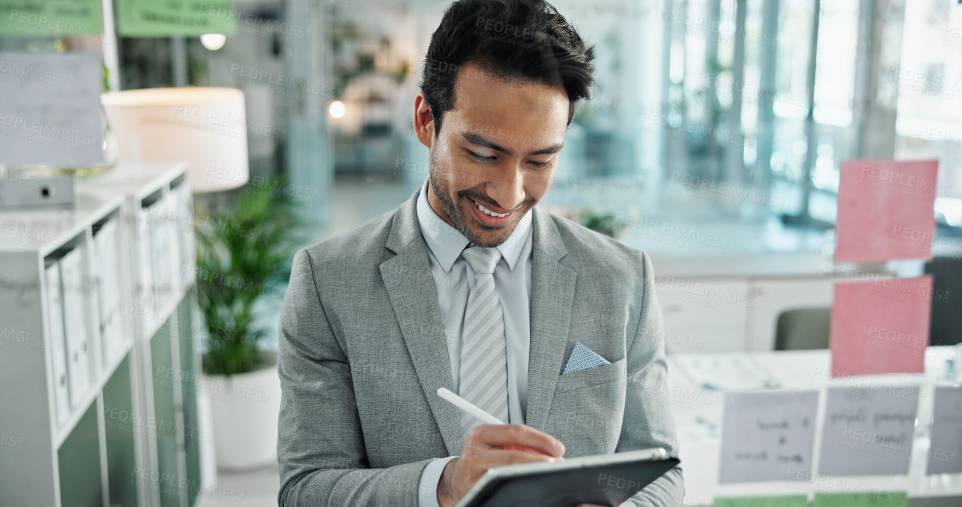 Buy stock photo Idea, planning and business man on tablet in office for schedule, brainstorming and problem solving on glass. Professional, corporate and man on digital tech for website, research and sticky notes