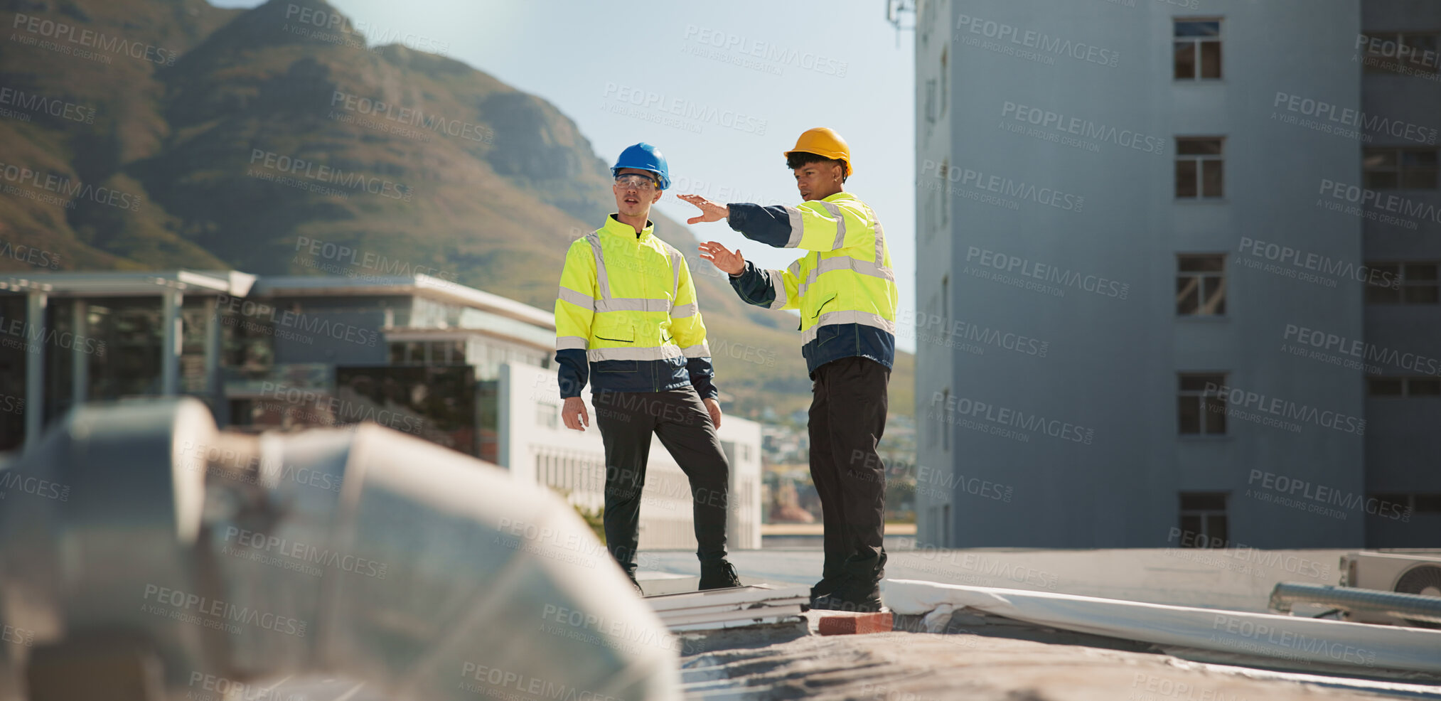 Buy stock photo Men, air conditioner and discussion with engineer, inspection and team for maintenance on roof in city. People, partnership and talking with planning, solution and ac repair with hvac system in town