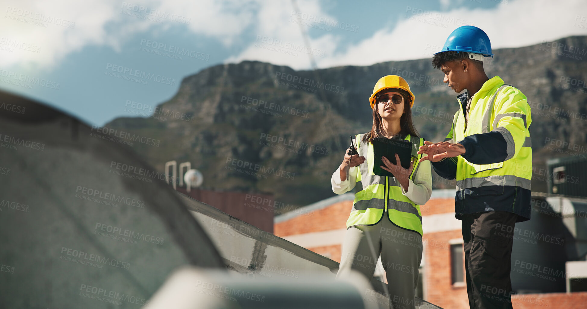 Buy stock photo Woman, man and engineering with air conditioning on roof, discussion and tablet for inspection in city. People, technician and partnership with review for hvac repair, planning or application in town