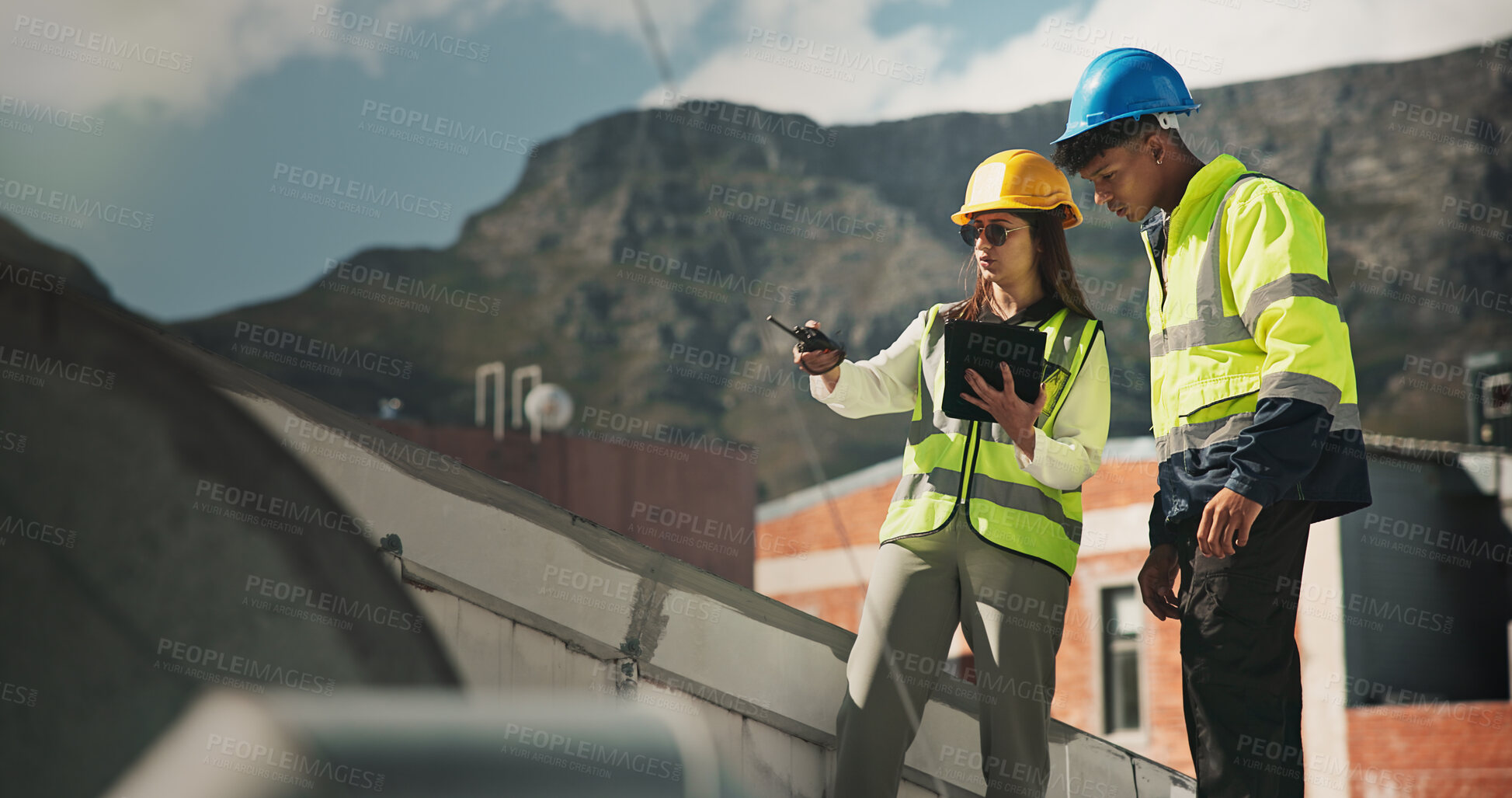 Buy stock photo Woman, man and technician with air conditioning on roof, discussion and tablet for inspection in city. People, engineer and partnership with review for hvac repair, planning and application in town