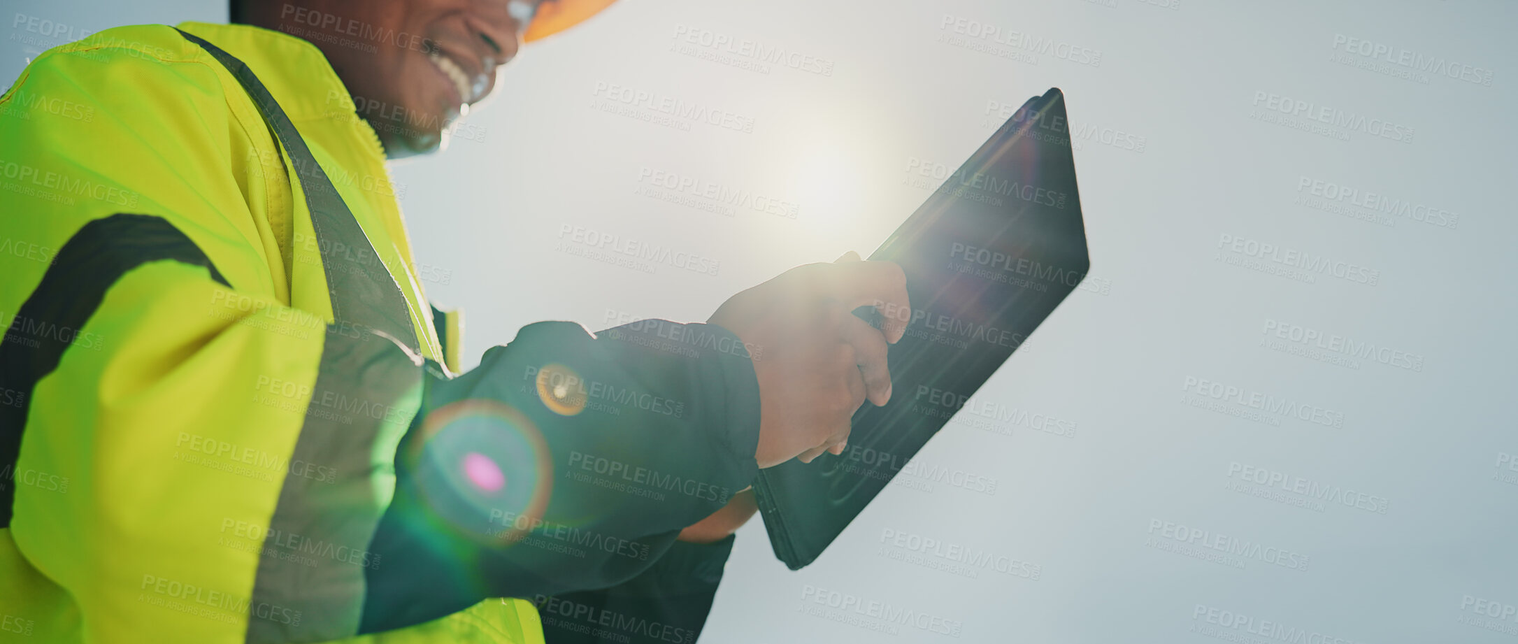Buy stock photo Hands, technician and outdoor with tablet for inspection, maintenance and low angle with app in sunshine. Person, engineer and digital touchscreen with review, feedback and construction in Costa Rica