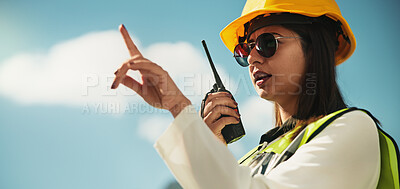 Buy stock photo Radio, construction and woman talking in city for communication, contact and maintenance. Civil engineering, architecture and worker for planning, building infrastructure and renovation outdoors
