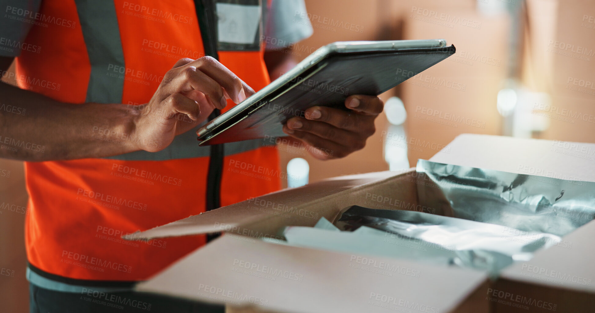 Buy stock photo Hands, tablet and package for shipping at warehouse with scroll, inventory and check with supply chain job. Person, freight and touchscreen for checklist, app and box with logistics for distribution