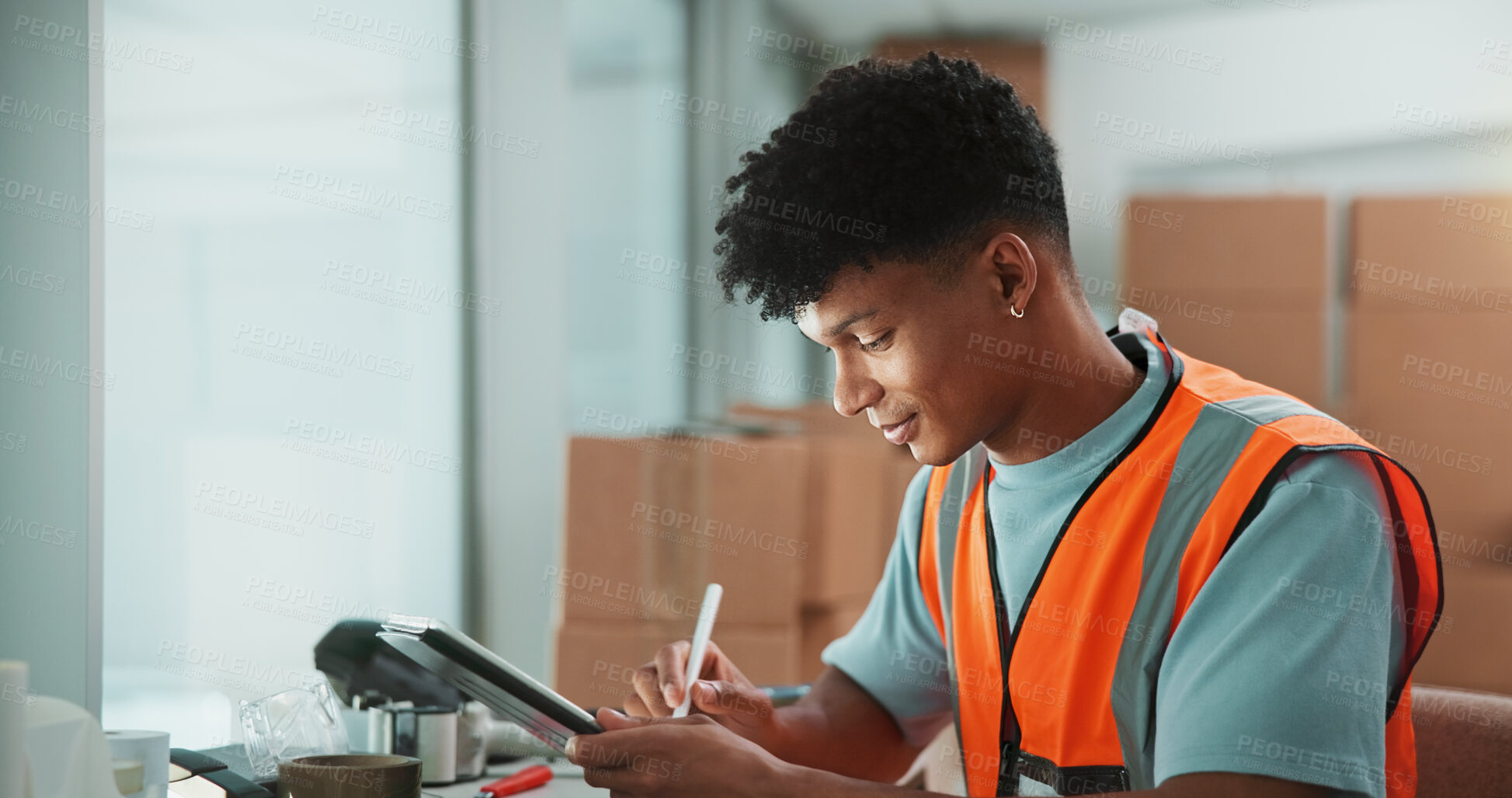 Buy stock photo Shipping, ecommerce and man on tablet in warehouse for storage, supply chain and delivery. Factory, distribution and worker on digital tech for logistics, manufacturing and online inventory checklist