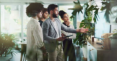 Buy stock photo Business, people and tablet with statistics on monitor for financial review, report and growth as accountant. Teamwork, employees and meeting at office with chart for data analysis and revenue