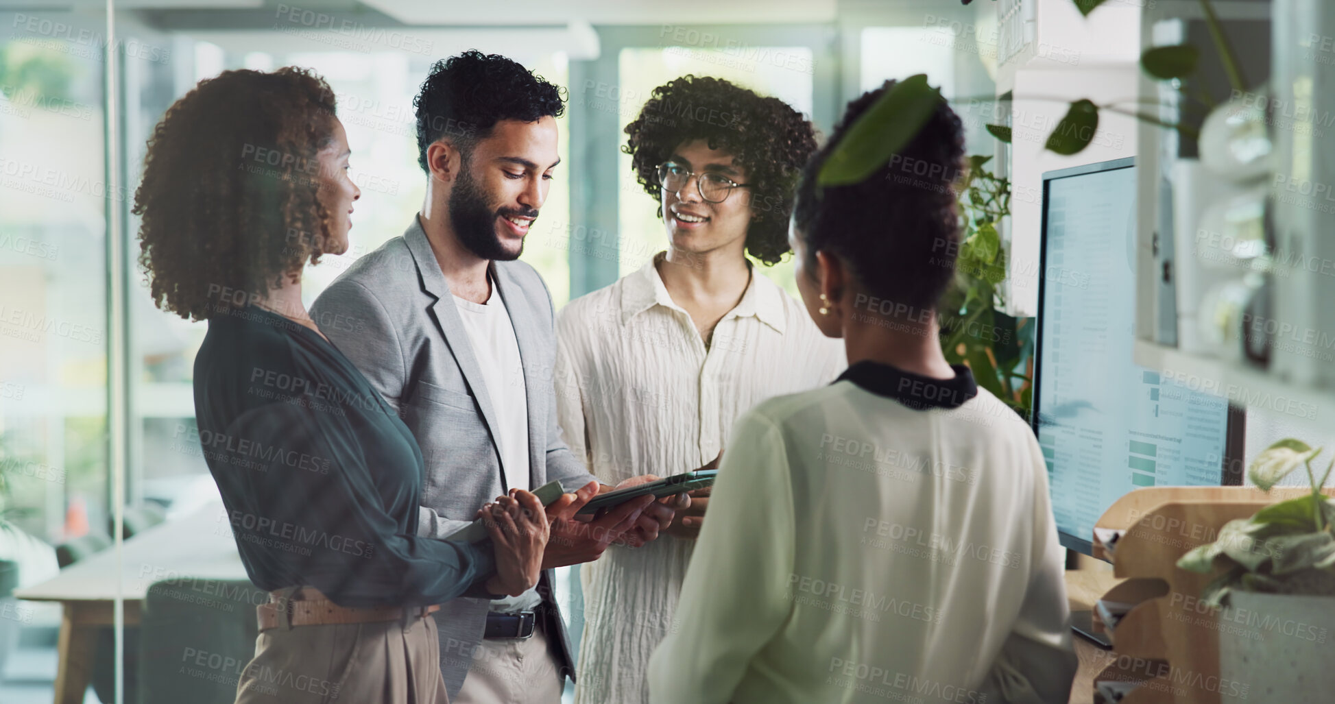 Buy stock photo Office, people and tablet in meeting with statistics for social media engagements, report or post activity. Business, employees and teamwork or collaboration for data analysis and campaign reviews