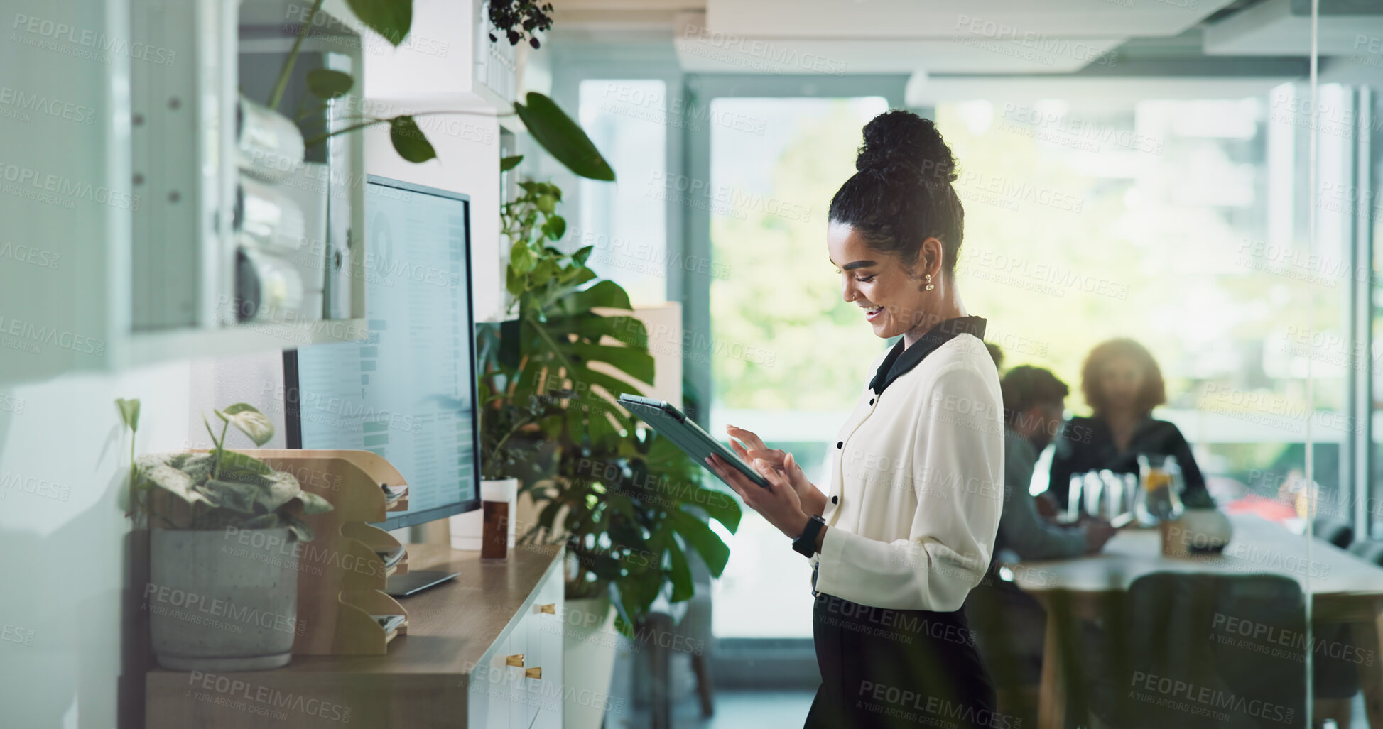 Buy stock photo Office, browsing and woman with tablet, online and happy for media release, brand specialist and campaign. Review, reading and market research for trends, info and competition analysis for business