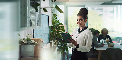 Buy stock photo Office, smile and woman with tablet, project and budget for ad campaign, planning and media strategist. Online, typing and market research for business, review or person with info for audience target